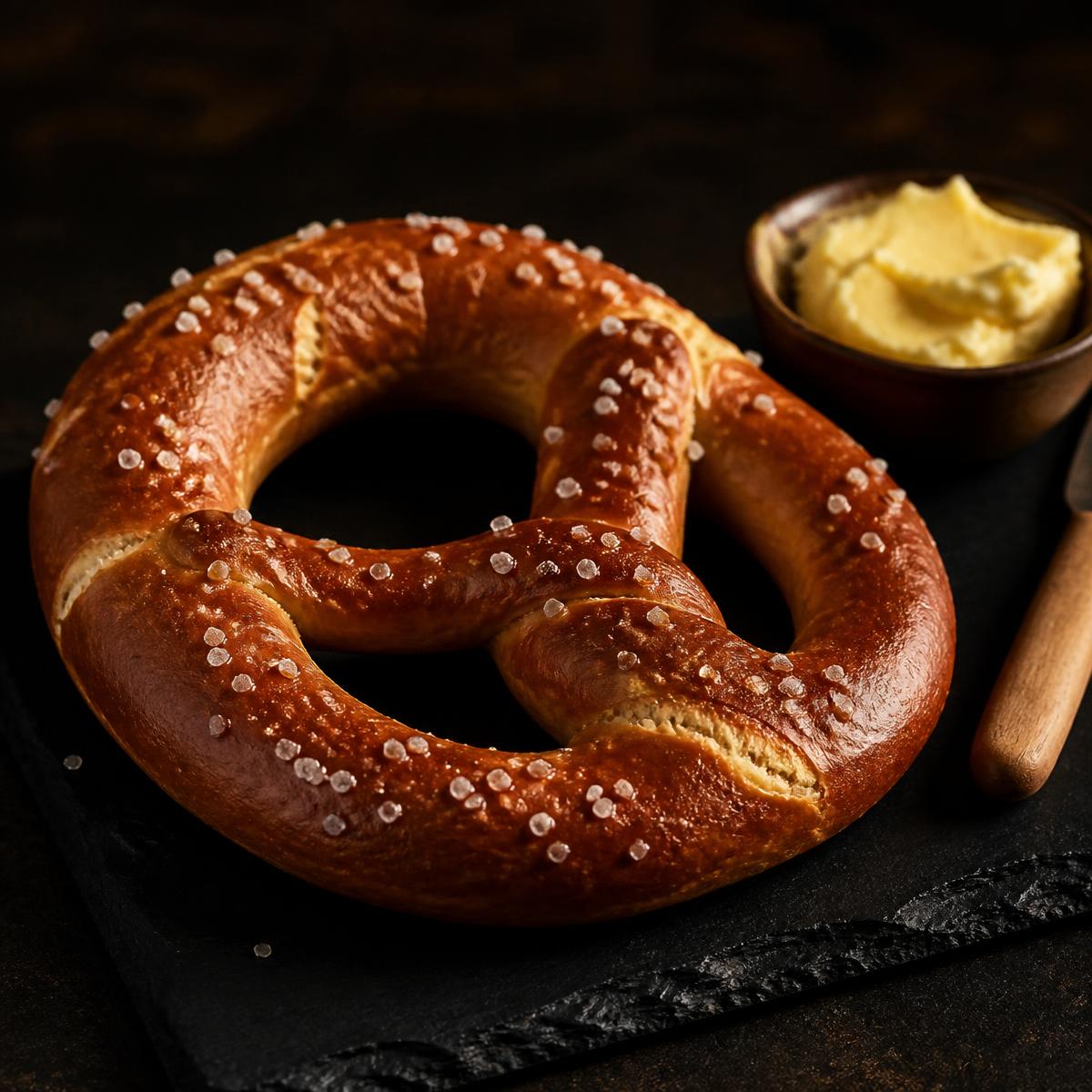 Hand-rolled German pretzel with coarse salt