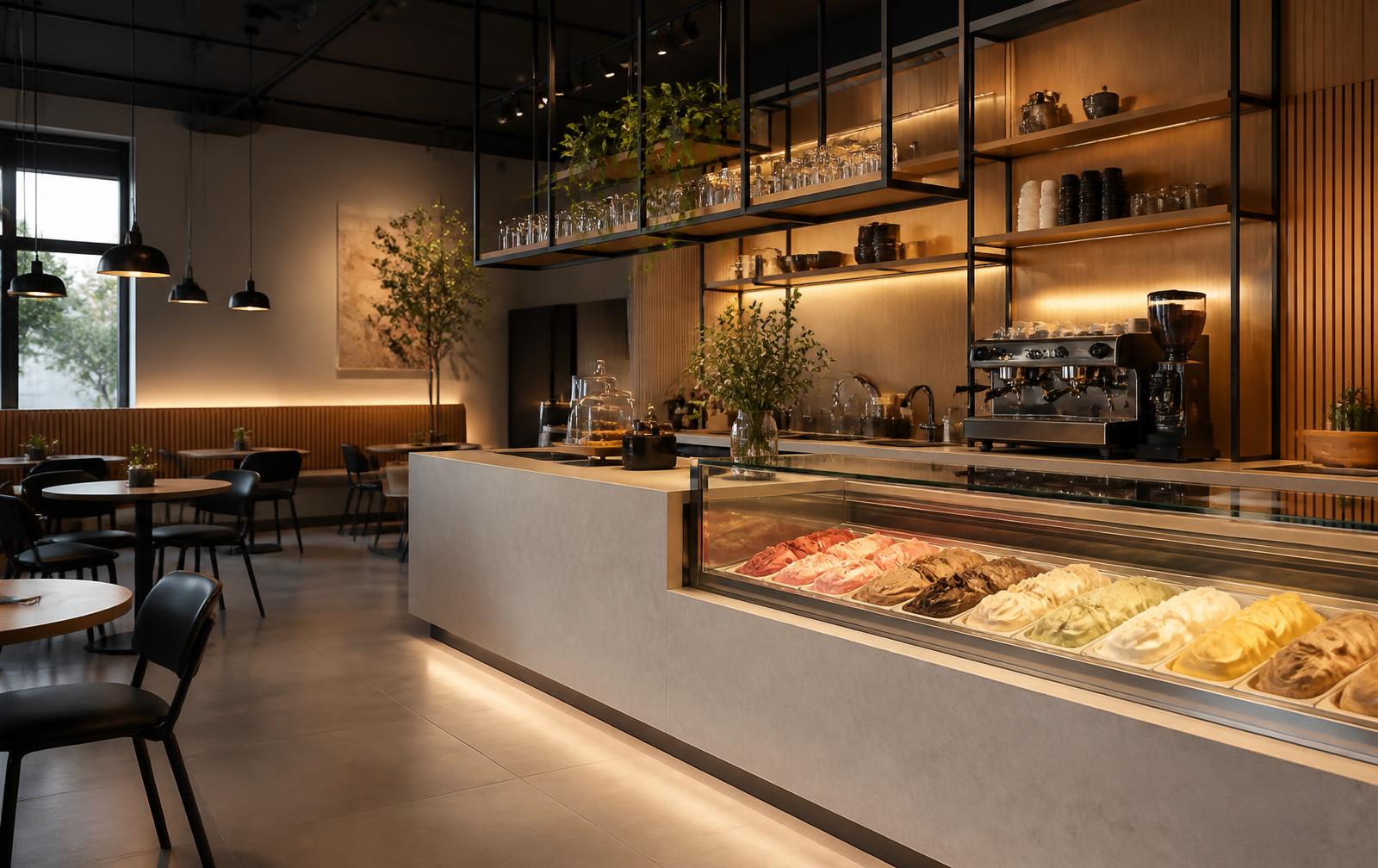 EIS COFFEE interior concept with gelato display and coffee bar